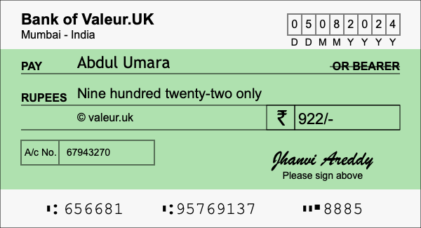How to write a cheque for 922 rupees