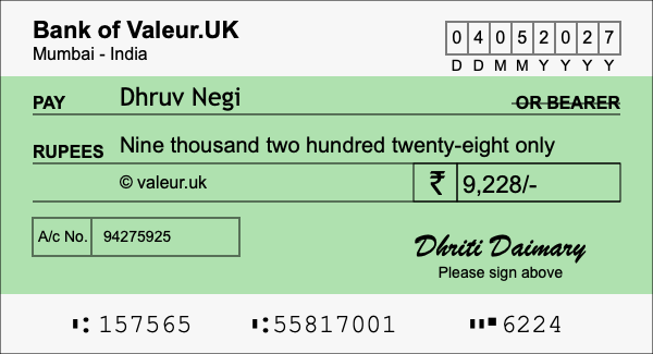 How to write a cheque for 9,228 rupees