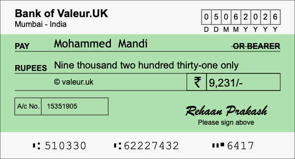 How to write a cheque for 9,231 rupees