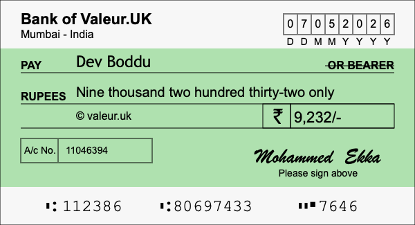 How to write a cheque for 9,232 rupees