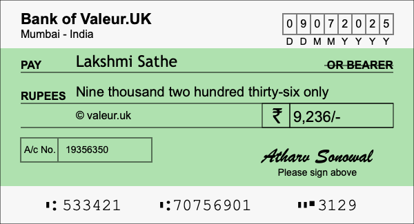 How to write a cheque for 9,236 rupees