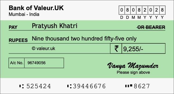 How to write a cheque for 9,255 rupees