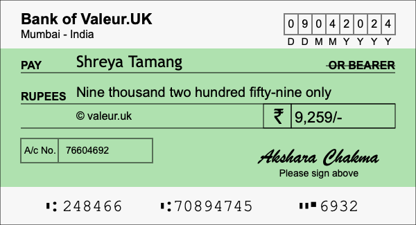 How to write a cheque for 9,259 rupees