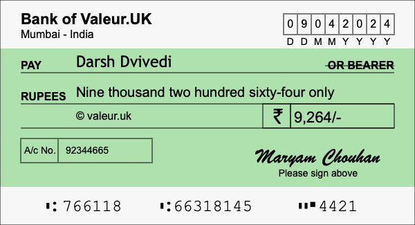 How to write a cheque for 9,264 rupees