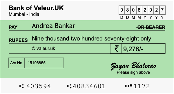 How to write a cheque for 9,278 rupees