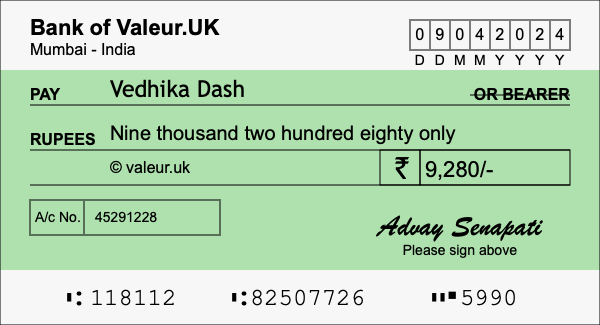 How to write a cheque for 9,280 rupees
