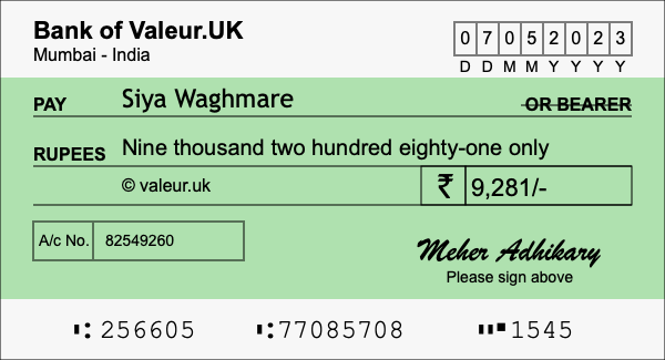 How to write a cheque for 9,281 rupees