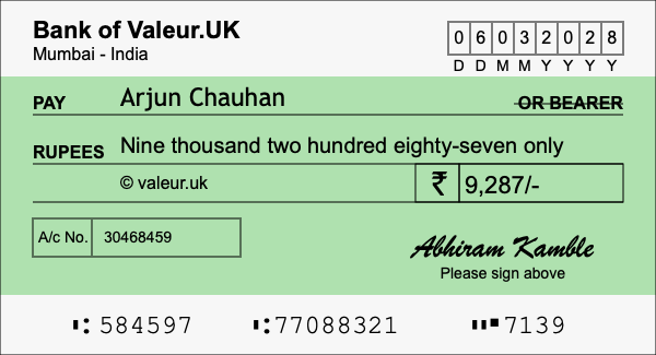 How to write a cheque for 9,287 rupees