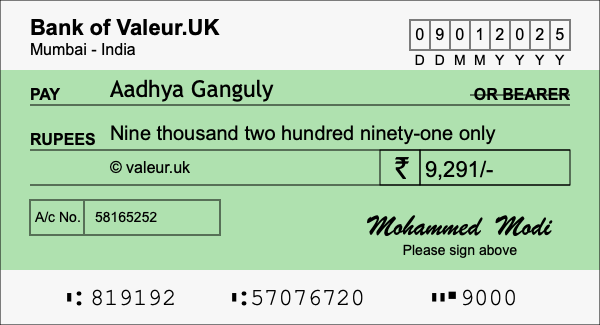 How to write a cheque for 9,291 rupees