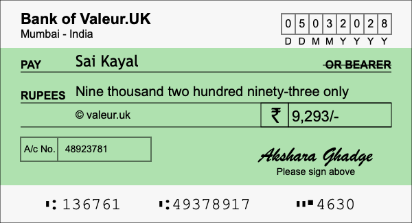 How to write a cheque for 9,293 rupees