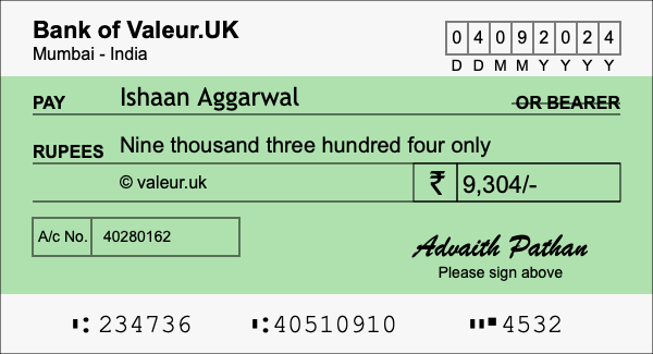 How to write a cheque for 9,304 rupees