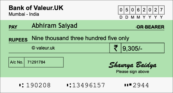 How to write a cheque for 9,305 rupees