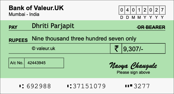 How to write a cheque for 9,307 rupees