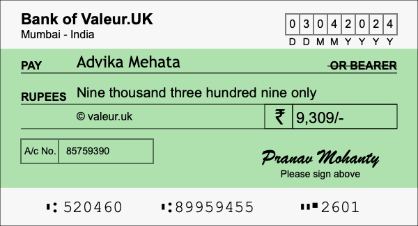 How to write a cheque for 9,309 rupees