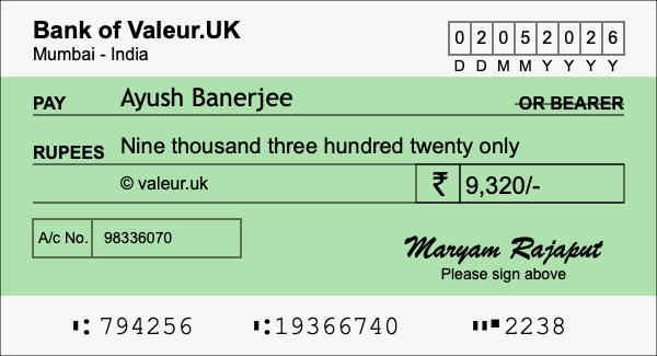 How to write a cheque for 9,320 rupees