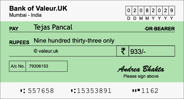 How to write a cheque for 933 rupees