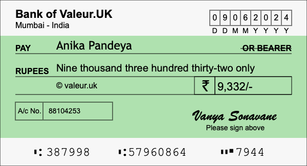 How to write a cheque for 9,332 rupees