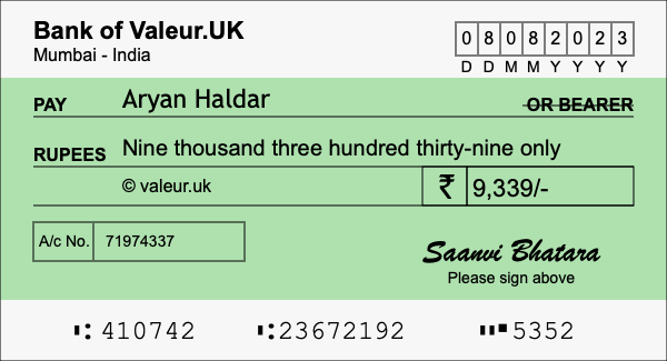 How to write a cheque for 9,339 rupees
