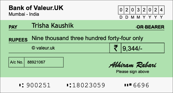 How to write a cheque for 9,344 rupees