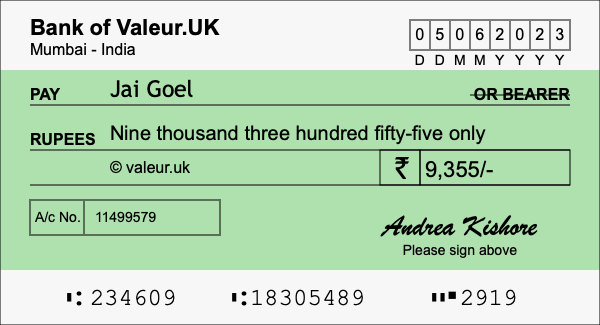 How to write a cheque for 9,355 rupees