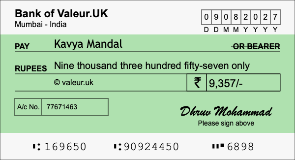 How to write a cheque for 9,357 rupees