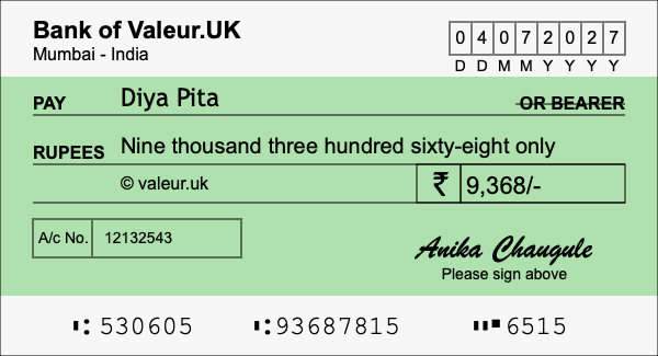How to write a cheque for 9,368 rupees