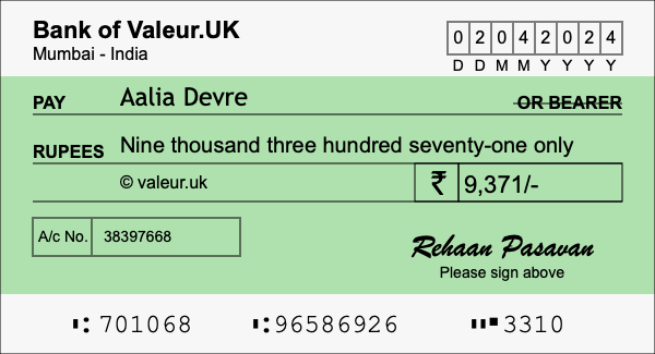 How to write a cheque for 9,371 rupees