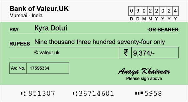 How to write a cheque for 9,374 rupees