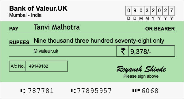 How to write a cheque for 9,378 rupees