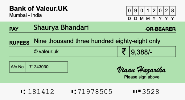 How to write a cheque for 9,388 rupees