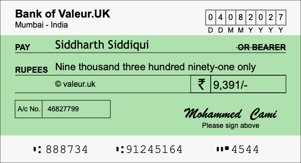 How to write a cheque for 9,391 rupees