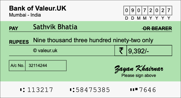 How to write a cheque for 9,392 rupees