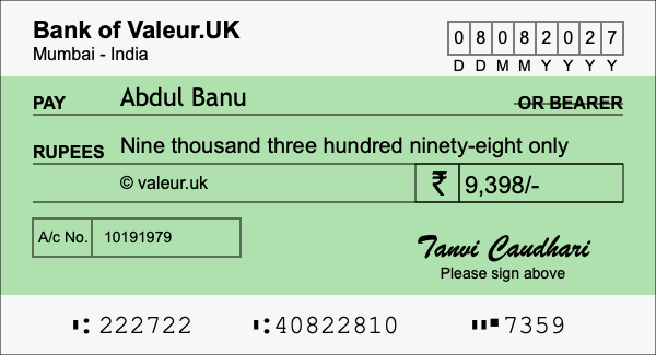 How to write a cheque for 9,398 rupees