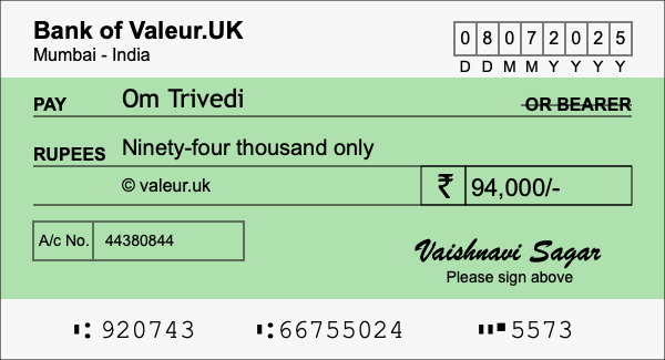 How to write a cheque for 94,000 rupees