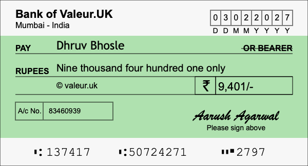 How to write a cheque for 9,401 rupees