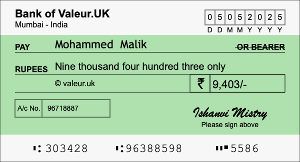 How to write a cheque for 9,403 rupees
