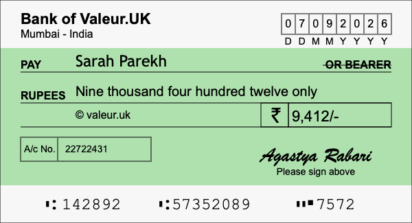How to write a cheque for 9,412 rupees