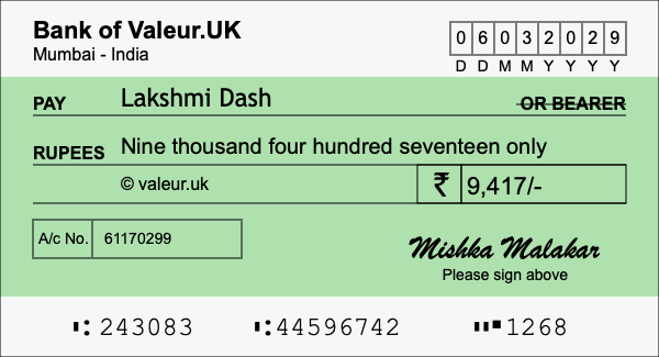 How to write a cheque for 9,417 rupees