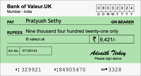 How to write a cheque for 9,421 rupees
