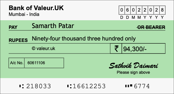 How to write a cheque for 94,300 rupees