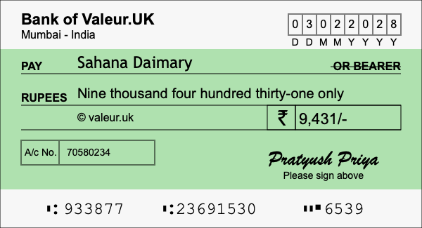How to write a cheque for 9,431 rupees