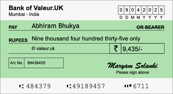 How to write a cheque for 9,435 rupees