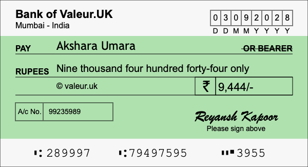 How to write a cheque for 9,444 rupees