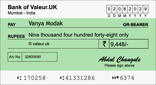 How to write a cheque for 9,448 rupees