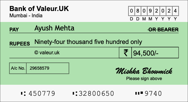 How to write a cheque for 94,500 rupees