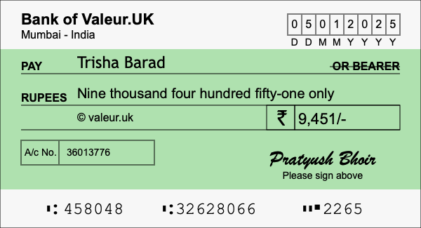 How to write a cheque for 9,451 rupees