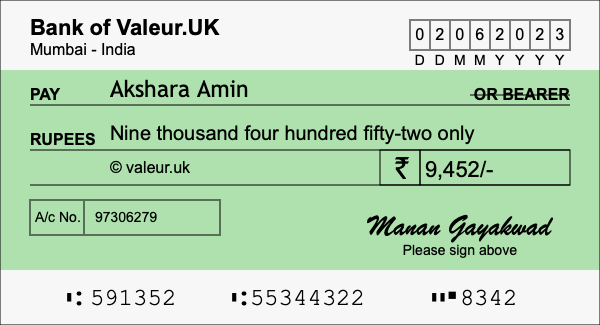 How to write a cheque for 9,452 rupees