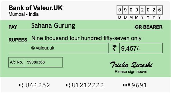 How to write a cheque for 9,457 rupees