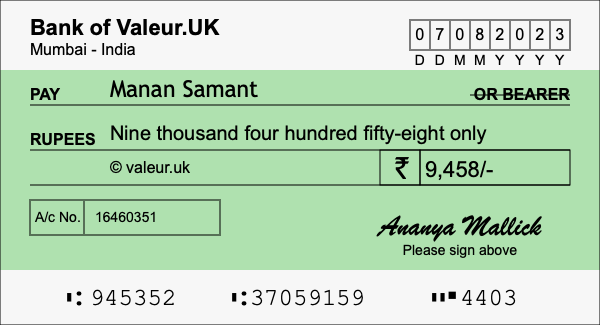 How to write a cheque for 9,458 rupees