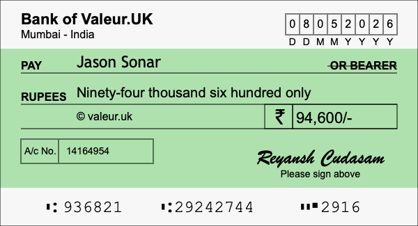 How to write a cheque for 94,600 rupees